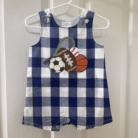 Mud Pie Sports Applique Jon Jon Romper Blue Gingham Boys Size 6-9 Months NWT - Picture 1 of 9